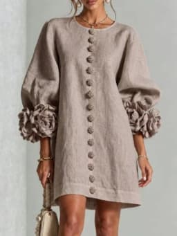 Women Linen Mini Dress O Neck Puff Long Sleeve 3D Flower Cuff Decor Flower Button Loose Casual Short Dresses for Party Vacation