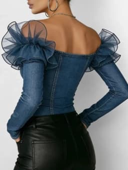 Retro Denim Off-shoulder Top for Women Mesh Ruffles Long Sleeve Single-breasted Blouses Fashionable Street Slim Fit Jean Shirt