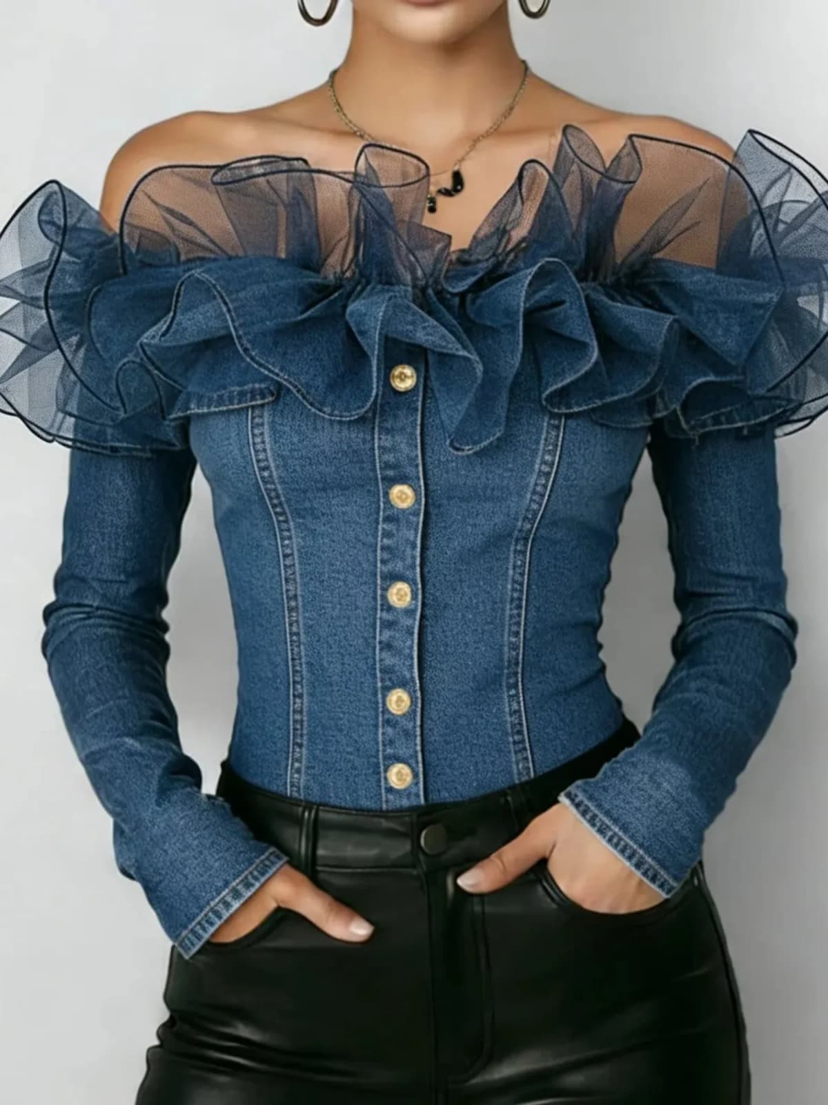 Retro Denim Off-shoulder Top for Women Mesh Ruffles Long Sleeve Single-breasted Blouses Fashionable Street Slim Fit Jean Shirt