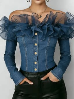 Retro Denim Off-shoulder Top for Women Mesh Ruffles Long Sleeve Single-breasted Blouses Fashionable Street Slim Fit Jean Shirt