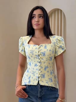 Women's Jacket Waist Cinching Floral Suit Jacket Lady V Neck Short Bubble Sleeve Shoulder Pad Jackets Fashion Daily Woman Coat