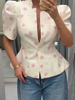 Women's Jacket Waist Cinching Floral Suit Jacket Lady V Neck Short Bubble Sleeve Shoulder Pad Jackets Fashion Daily Woman Coat