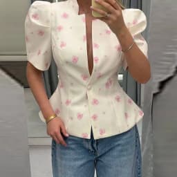 Women's Jacket Waist Cinching Floral Suit Jacket Lady V Neck Short Bubble Sleeve Shoulder Pad Jackets Fashion Daily Woman Coat