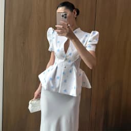 Women's Jacket Waist Cinching Floral Suit Jacket Lady V Neck Short Bubble Sleeve Shoulder Pad Jackets Fashion Daily Woman Coat