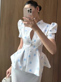 Women's Jacket Waist Cinching Floral Suit Jacket Lady V Neck Short Bubble Sleeve Shoulder Pad Jackets Fashion Daily Woman Coat