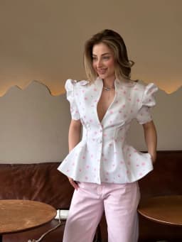 Women's Jacket Waist Cinching Floral Suit Jacket Lady V Neck Short Bubble Sleeve Shoulder Pad Jackets Fashion Daily Woman Coat
