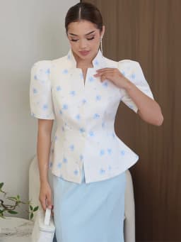 Women's Jacket Waist Cinching Floral Suit Jacket Lady V Neck Short Bubble Sleeve Shoulder Pad Jackets Fashion Daily Woman Coat
