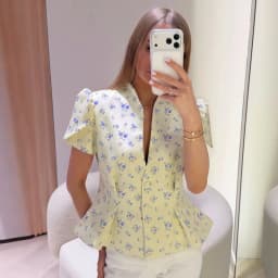 Women's Jacket Waist Cinching Floral Suit Jacket Lady V Neck Short Bubble Sleeve Shoulder Pad Jackets Fashion Daily Woman Coat