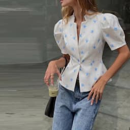 Women's Jacket Waist Cinching Floral Suit Jacket Lady V Neck Short Bubble Sleeve Shoulder Pad Jackets Fashion Daily Woman Coat