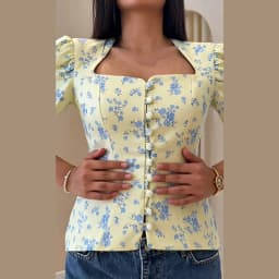 Women's Jacket Waist Cinching Floral Suit Jacket Lady V Neck Short Bubble Sleeve Shoulder Pad Jackets Fashion Daily Woman Coat