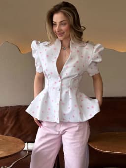 Women's Jacket Waist Cinching Floral Suit Jacket Lady V Neck Short Bubble Sleeve Shoulder Pad Jackets Fashion Daily Woman Coat