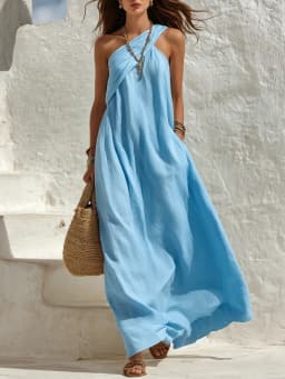Summer Linen Asymmetric One Shoulder Maxi Dress Women Boho Backless Sleeveless Beach Casual Holiday Flowy Dress With Pocket New