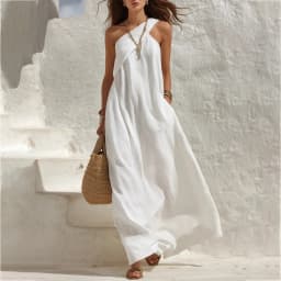 Summer Linen Asymmetric One Shoulder Maxi Dress Women Boho Backless Sleeveless Beach Casual Holiday Flowy Dress With Pocket New