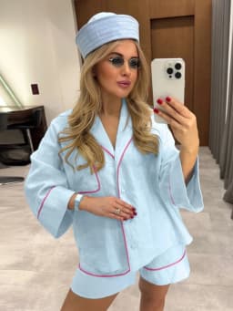 LIinar Fashion Loose Blue Cotton Home Women's Two Pieces Set 2025 Elegant Long Sleeve Shirt with High Waist Shorts Set Female