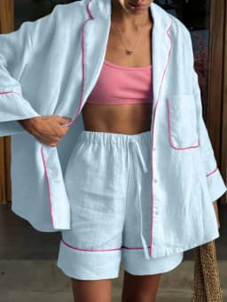 LIinar Fashion Loose Blue Cotton Home Women's Two Pieces Set 2025 Elegant Long Sleeve Shirt with High Waist Shorts Set Female