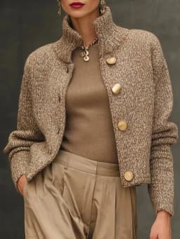 Fashion High Neck Button Knit Cardigan Jacket Women 2025 Autumn Winter Long Sleeve Sweater Coats Casual