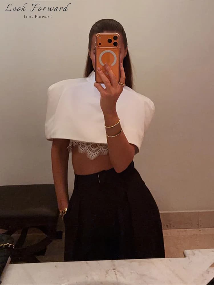 Elegant Cropped Shawl Tops Women's Short Sleeves Stand Collar Coat With Shoulder Pad 2026 New Ladies Spring Summer Solid Outwear