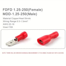 10/25/50 Pair FDD 1.25-250 MDD1.25-250 6.3mm Red Female and Male Insulated Voltage Terminal Connectors