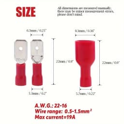 10/25/50 Pair FDD 1.25-250 MDD1.25-250 6.3mm Red Female and Male Insulated Voltage Terminal Connectors