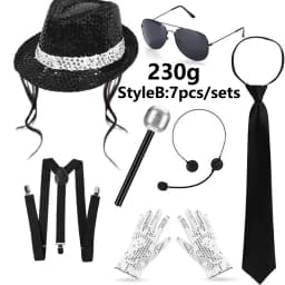 2026 Jackson Style Sequin Hat Tie Glove Set Sparkly Disco Costume Kids Dance Party Halloween Stage Performance Cosplay Outfit
