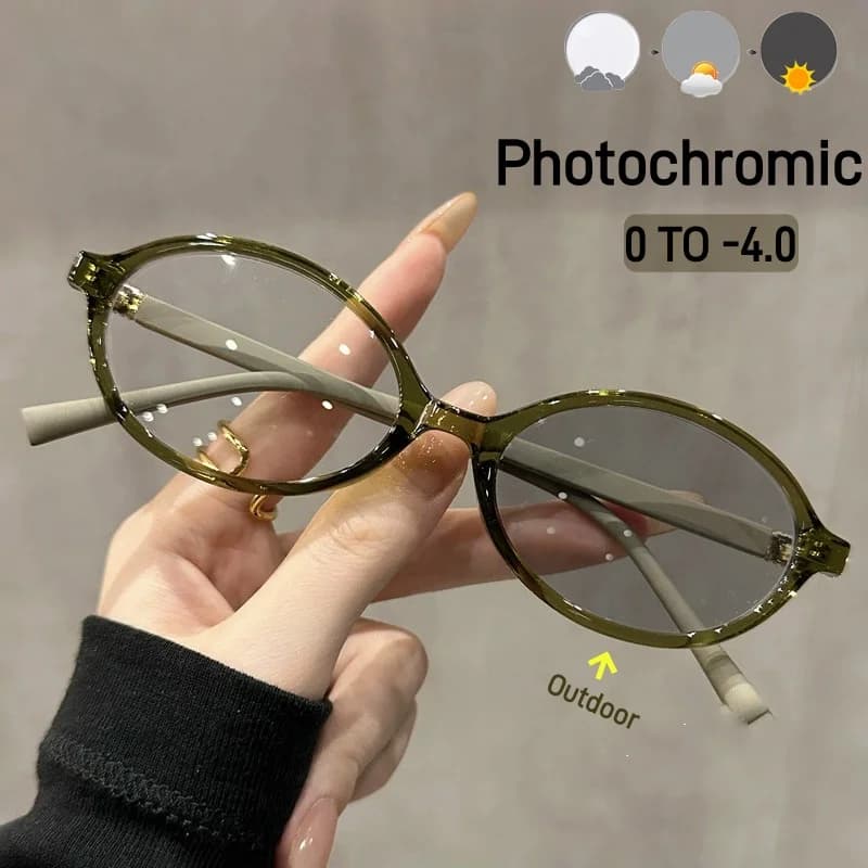 Advanced Elliptical Frame Photochromic Myopia Glasses Anti-Blue Light Glasses Optical Prescription Eyeglasses 0 TO -4.0