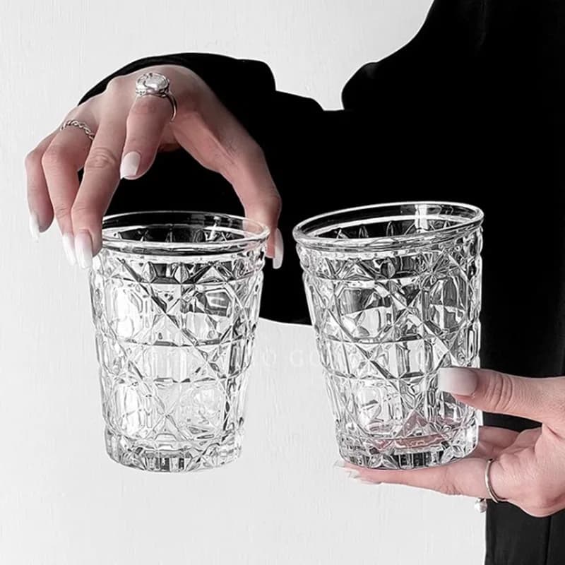 2pcs 310ml Vintage Diamond Patterned Western Wine Glass Cold Drink Water Coffee Cups Household Whiskey Beer Brandy Liquor Mugs