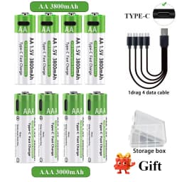 AA/AAA Rechargeable Battery 3000mAh/3800mAh Lithium Battery 1.5V Constant Voltage Fast Charging Type-C For Remote Mouse Toy Ect