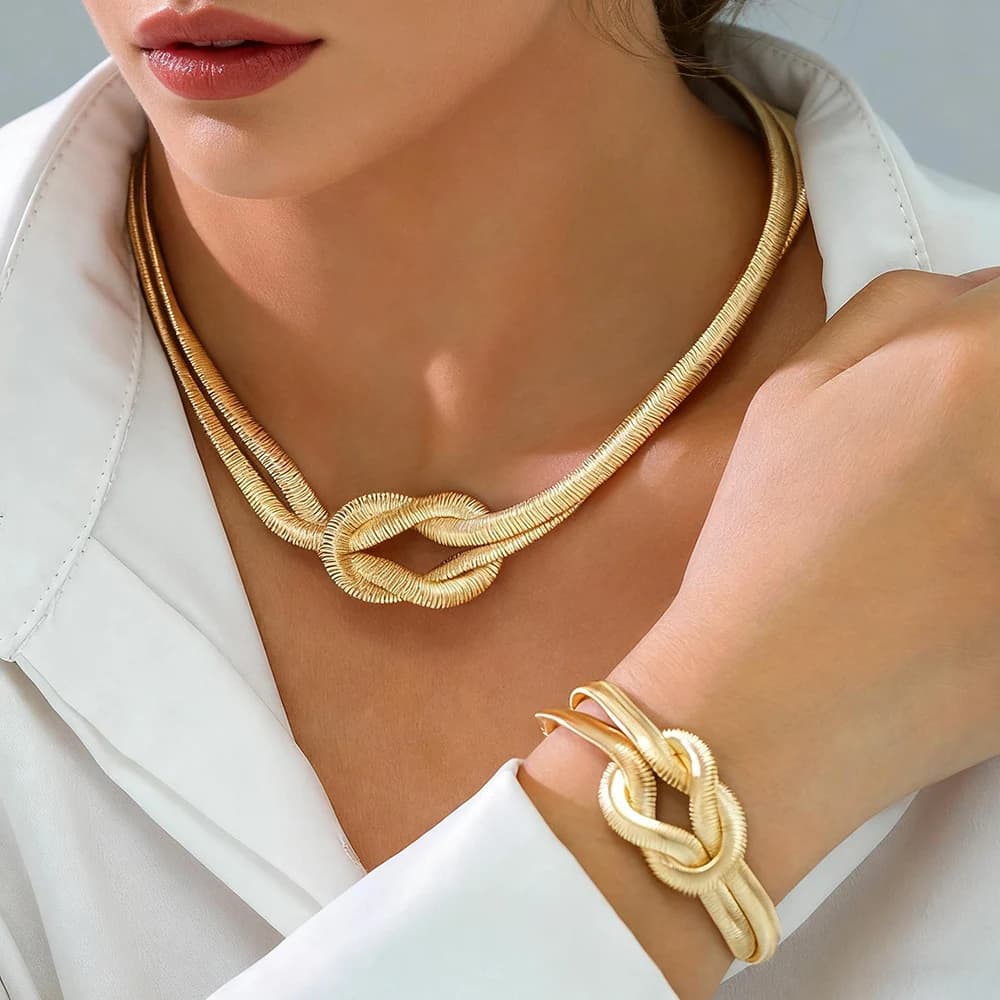 Double Layer Knot Necklace Bracelet Set For Women Gold Color Snake Chain Choker Twisted Chunky Fashion Jewelry Accessories