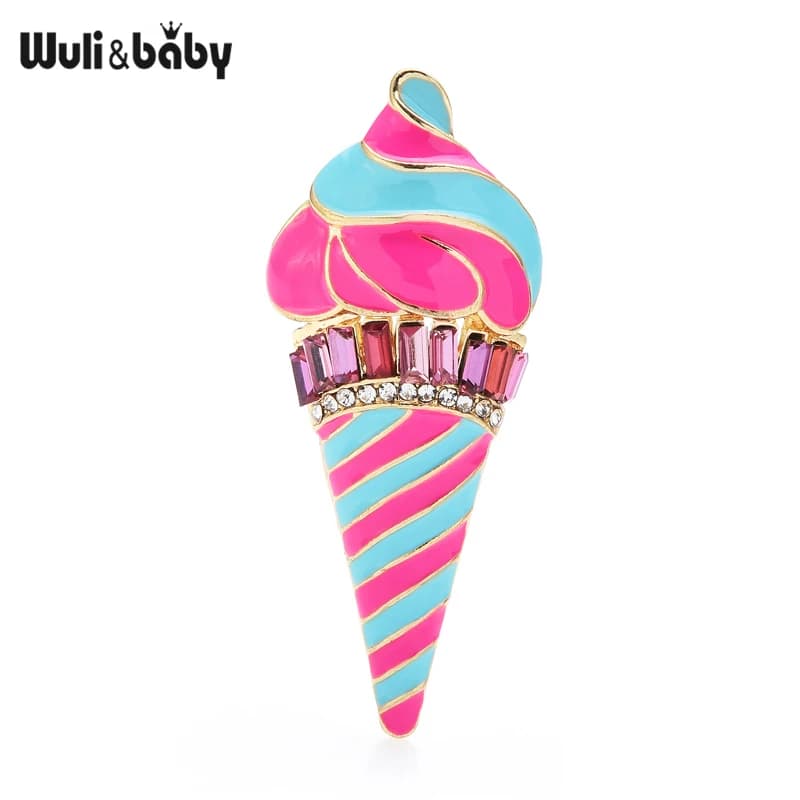 Wuli&baby Pink Stripe Enamel Icecream Brooch Pins Pin Crystal Cute Brooches Women New Year Jewelry Gift