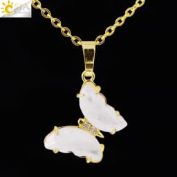 Rock Crystal Necklace Butterfly Necklaces Natural Stone Amethysts Clear Quartz Tiger Eye Pendants Stainless Steel Chain H158