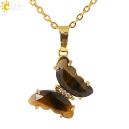 Rock Crystal Necklace Butterfly Necklaces Natural Stone Amethysts Clear Quartz Tiger Eye Pendants Stainless Steel Chain H158