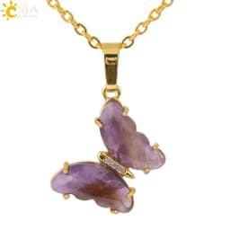 Rock Crystal Necklace Butterfly Necklaces Natural Stone Amethysts Clear Quartz Tiger Eye Pendants Stainless Steel Chain H158