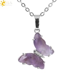 Rock Crystal Necklace Butterfly Necklaces Natural Stone Amethysts Clear Quartz Tiger Eye Pendants Stainless Steel Chain H158