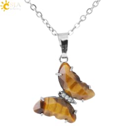 Rock Crystal Necklace Butterfly Necklaces Natural Stone Amethysts Clear Quartz Tiger Eye Pendants Stainless Steel Chain H158