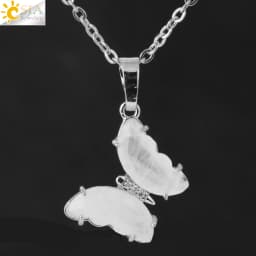 Rock Crystal Necklace Butterfly Necklaces Natural Stone Amethysts Clear Quartz Tiger Eye Pendants Stainless Steel Chain H158