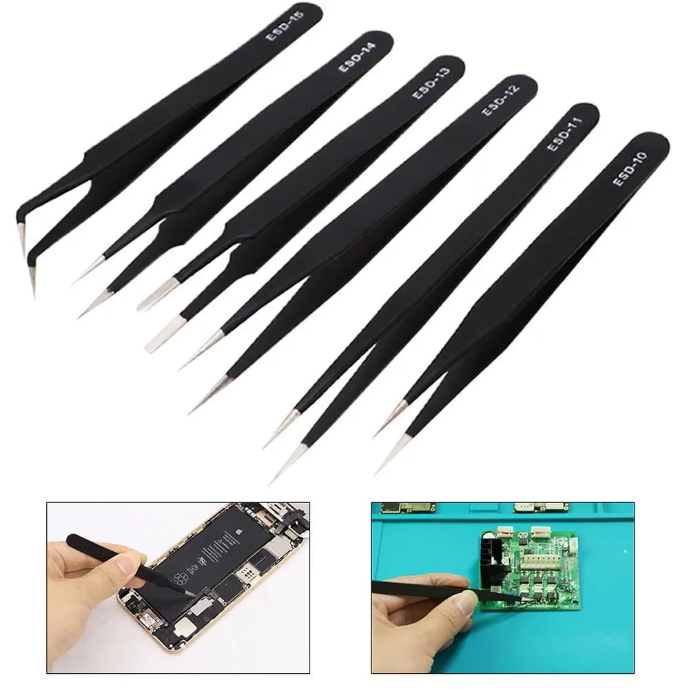 ESD Anti-Static Stainless Steel Tweezers Precision Maintenance Industrial Repair Curved Tool Home Working