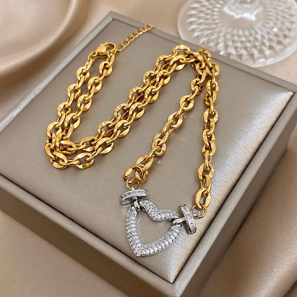 Full Zircon Lock & Heart Stainless Steel Charms Pendant Necklace for Women Men Chunky Punk Gold Plated Link Chain Necklaces
