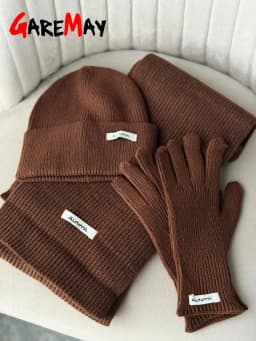 Women's Winter Knitted Hat Scarf Gloves Set Gray Burgundy Comfortable Soft 3 Pcs Casual Warm Hat Set for Women
