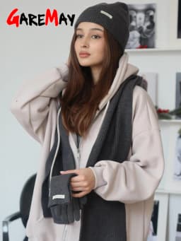 Women's Winter Knitted Hat Scarf Gloves Set Gray Burgundy Comfortable Soft 3 Pcs Casual Warm Hat Set for Women