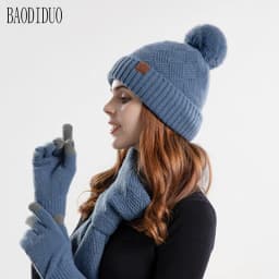 Xinbaoguan 100% Acrylic 9988 Winter Korean Edition Fashion Knitted Wool Warm Hat Scarf Glove 3-Piece Set Ear Protection Hoodie