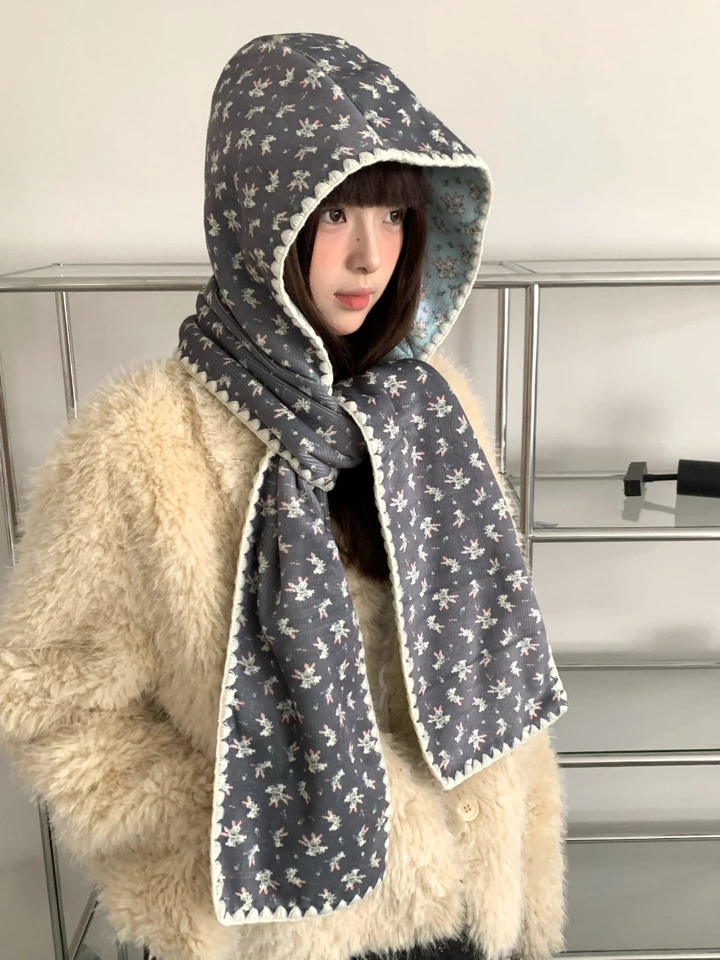 Double-Sided Cute Rabbit Hat With Scarf For Women Warm Hooded Earmuffs Scarf For Winter
