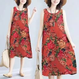 Summer Floral Print Maxi Dress Women's Sleeveless Large Size Three-Piece Set Floral Skirt Belted Midi Dress Ethnic Style