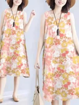 Summer Floral Print Maxi Dress Women's Sleeveless Large Size Three-Piece Set Floral Skirt Belted Midi Dress Ethnic Style