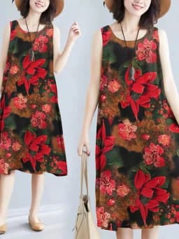 Summer Floral Print Maxi Dress Women's Sleeveless Large Size Three-Piece Set Floral Skirt Belted Midi Dress Ethnic Style