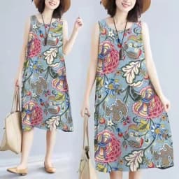 Summer Floral Print Maxi Dress Women's Sleeveless Large Size Three-Piece Set Floral Skirt Belted Midi Dress Ethnic Style