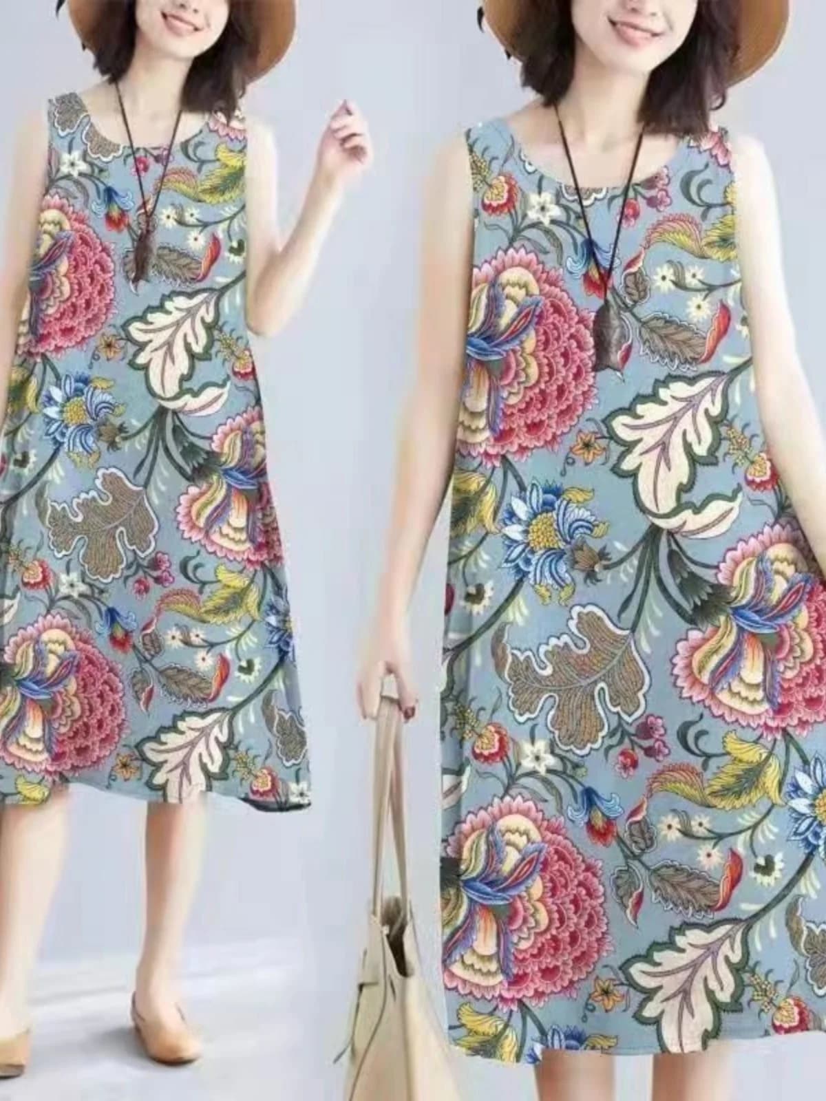 Summer Floral Print Maxi Dress Women's Sleeveless Large Size Three-Piece Set Floral Skirt Belted Midi Dress Ethnic Style