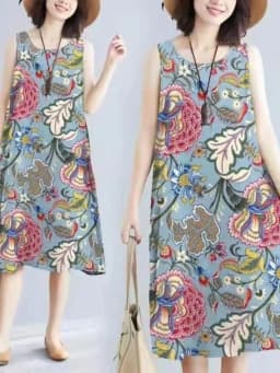 Summer Floral Print Maxi Dress Women's Sleeveless Large Size Three-Piece Set Floral Skirt Belted Midi Dress Ethnic Style
