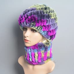 Women Knit Real Rex Rabbit Fur Hat Scarf Sets Natural Warm Rex Rabbit Fur Scarves Hat Winter Lady Real Rex Rabbit Fur Hat Scarf