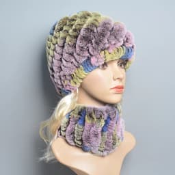 Women Knit Real Rex Rabbit Fur Hat Scarf Sets Natural Warm Rex Rabbit Fur Scarves Hat Winter Lady Real Rex Rabbit Fur Hat Scarf