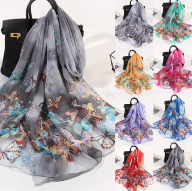 Ultra-thin Soft Chiffon Sun Protection Beach Towel Butterfly Printed Long Women's Shawl Scarf